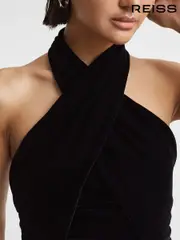 Reiss Black Anna Velvet Halter Neck Cropped Top (956415) | $195