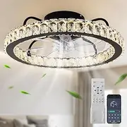 Ganeed Modern LED Ceiling Fan with Light, Crystal Dimmable Ceiling Fan with Lamp, Semi Flush Mount Fans Lighting Fixture for Living Room Kitchen Bedroom - Black