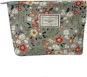 Floral Cosmetic Bag Makeup Bag Preppy Cute Corduroy Toiletry Bag for Women Travel Essentials（Green）