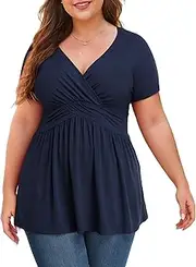 [Anelune] Ladies Tops Plus Size Womens Tops V Neck Short Sleeve Summer Tunic Tops Loose Casual Blouse L-4XL