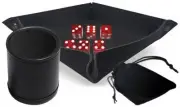 Set (6) 16mm Transparent Red Dice w/Pouch + Black Rolling Tray + Dice Cup Bundle