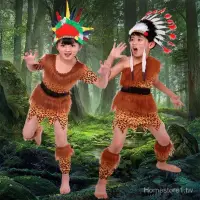 在飛比找蝦皮購物優惠-兒童非洲鼓表演服裝男女童野人服裝幼兒印第安人原始人酋長表演服
