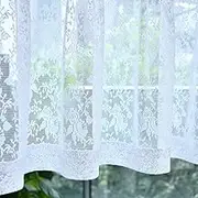 FINECITY White Lace Window Valance, Rusitc Rose Floral Sheer Curtains, 18 Inch Length for Kitchen Window Over Sink, Rod Pocket Privacy Scalloped Edges, 52 x 18 Inch, 1 Panel