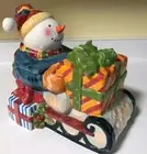 Christmas Ceramic Cookie Jar Snowmen On Sled NEW Vintage