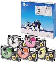 G&G Nameland Compatible Tape, Width 9mm, 5 Colors Set (White/Black)+Fluorescent Length 5.5m (Orange, Green, Yellow, Pink/Black), Length 8m for Casio