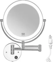 Benbilry 9" LED Wall Mounted Makeup Mirror with 10X Magnification, Extendable Double Sided Lighted Magnifying Vanity Mirror 13" Extension, 360° Swivel Rotation for Bathroom Powered by Plug in Chrome