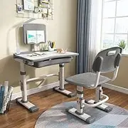 Height Adjustable Children's Desk and Chair Set, Spacious Storage Drawer, with Adjustable Tilted Desktop, Bookstand, Touch Led Lamp for School Students, Kids Interactive Workstation