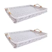 2x LVD Woven Willow Basket Storage Decor Tray w/ Glass/Handle XL 54x40cm White