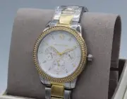 NEW AUTHENTIC MICHAEL KORS TIBBY SILVER GOLD CRYSTALS CHRONO WOMENS MK6825 WATCH