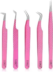 HADIZ Fabir Tip Eyelash Extension tweezers Lash Tweezer Japanese Steel set of five (Raspberry)