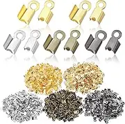 1000 Pieces Fold Over Cord Ends Cord Crimp Leather Ribbon End Clasp Tips Caps Jewelry Connector for Jewelry Making, 3.5 x 9 Mm/ 0.14 x 0.35 Inch, 5 Colors