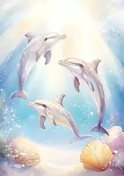 3 Dolphins with Seashells Ocean Nursery Kids Room Wall Art Print 8.5"x11"