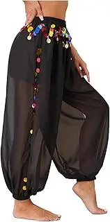 [FiwoXam] Women's Belly Dance Party Costume Coins Lantern Pants Side Split Sequin Shiny Harem Pants Arabic Halloween Trousers, Black, One Size