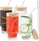 Drinking Glasses with Glass Straw 4Pcs Set, 12Oz Stripe Glass Cups with Bamboo