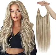 Sunny Wire Hair Extensions Real Human Hair Fish Line Human Hair Extensions Invisible Wire Extensions Ash Blonde with Platinum Blonde Highlights #P18/613 14 Inch