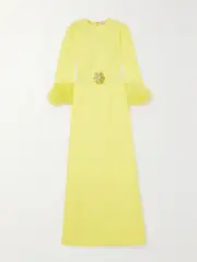 [ANDREW GN] ANDREW GN - Belted Feather-trimmed Embellished Cady Gown - Yellow - FR 44 FR 44 Yellow