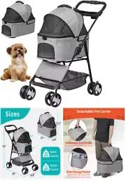4 Wheels 3-in-1 Foldable Pet Dog Stroller W/Detachable Carrier for Small Dog Cat