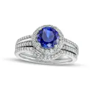 7.0mm Blue and White Lab-Created Sapphire Frame Triple Row Bridal Engagement Ring Set in Sterling Silver