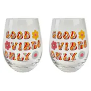 2x Urban 12cm Wine Glass Retro Floral Good Vibes Only Drinking Glassware Cup
