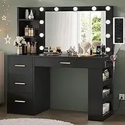 YITAHOME Vanity Desk with Mirror and Lights, Makeup Table with Charging Station, Large Vanity Set with 4 Drawers, Cute Makeup Desk with 6 Storage Shelves, Dark Black