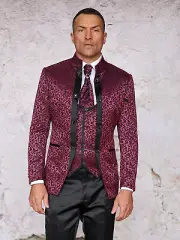 NWT 46R WINE BANNED COLLAR MENS SUIT, SLIM FIT, 2 SIDE VENT, FLAT FRONT PANTS,