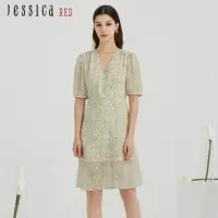在飛比找momo購物網優惠-【Jessica Red】優雅氣質印花V領短袖雪紡洋裝824