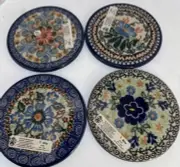 Set of 4 Polish Pottery Coasters Blue Flower Floral Pattern Geometric Pattern