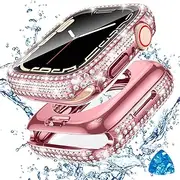 [2 in 1] Tensea for Waterproof Apple Watch Screen Protector Case Series 8 7 45mm Accessories, iWatch Hard PC Diamond Front & Back Bumper Case with Tempered Glass Film, Bling Face Cover Women, 45 mm