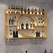 Metal Wall Mounted Wine Rack, Hanging Round Wine Rack Cabinet, Multifunctional Storage Rack, Vintage Style Wine Bottle Shelf, with Wine Glass Holder, for Home Restaurant Bars(Gold,