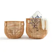 Set Of 2 Large Woven Blanket Baskets With Handles | Round Wicker Rattan Stora...
