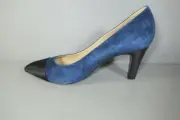 CHANEL 37 navy suede satin black cap point toe pumps heels NEW Gabrielle Coco CC