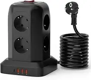 LEUTED 8-Way Power Strip with 3 USB A & 1 USB C, Multiple Socket with Surge Protection, Socket Tower with Switch, Power Strip, Multiple Plug with 1.8 m Cable for Office, Kitchen, 2500 W