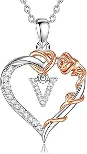 [Vito] Copper Silver Plated Initial Heart Necklace with Cubic Zirconia for Women, Rose Gold Flower Letter V Pendant Heart A to Z Alphabet Personalized Jewelry Gifts, 18"+2" Stainless Steel O Link Chain,