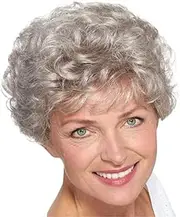 Daily Wig Old Lady Wigs, Short Grey Curly Human Hair Blended Wigs for Elderly Women Wigs
