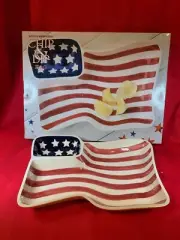 NIB, American Flag Wave Ceramic Chip & Dip Platter 5257