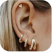 [Kakonia] 4 Pairs Dainty Gold Earrings Set for Women 14K Gold Filled Small Stud Huggie Hoop Earring Sets for Multiple Piercing Hypoallergenic Flat Back Cartilage Earring Stacks