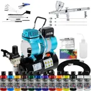 MASTER Dual Action Airbrush & Compressor Kit 12 Wicked Paint Colors Hobby Art