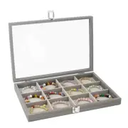 Jewelry Organizer Tray 12 Grid Velvet Jewelry Storage Box with Clear Lid Jewe...