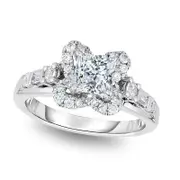 1.5 CT. T.W. Cushion-Cut Natural Diamond Flower Frame Engagement Ring in Solid 14K White Gold