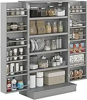 HOMCOM 41" Kitchen Pantry Storage Cabinet, Freestanding Kitchen Cabinet with 12 Door Shelves, Double Doors, 5-Tier Shelving and Adjustable Shelves, Paper Gray