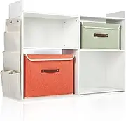 pioncrey Kids Toy Storage Organizer, Montessori Bookshelf for Kids Rooms, Wooden Storage Cabinet, Cube Storage Organizer, Expandable 2in1 Bookcase 2pcs Fabric Storage Bins Container (White)
