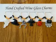 "HALLOWEEN" SET OF 6 HAND CRAFTED WINE GLASS CHARMS
