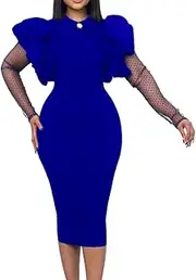[LUXRUB] Women's Elegant Work Pencil Dress Lapel Wave Point Long Sleeve Lace Patchwork Casual Bodycon Midi Package Hip Dress (Color : Blue, Size : XX-Large)