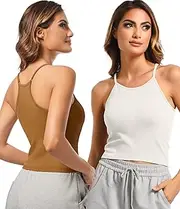 [OVESPORT] 2 Pack Womens Sports Bra Seamless Long Crop Tank Racer Back Spaghetti Strap Workout Yoga Bra Padded Casual Tops