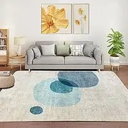 Area Rug Short Pile Living Room Carpet Modern Geometric Design Rugs Circular Pattern Rug Non-Slip Decorative Rugs for Bedroom (Light Blue/Beige, 200 * 300cm)