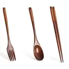 Japanische Vintage Holz Essstäbchen Löffel Gabel Geschirr Set 3 stücke Kitch Ges