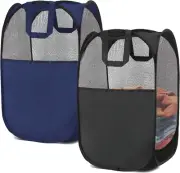 2 Foldable Pop-Up Mesh Laundry Baskets, Black and Blue