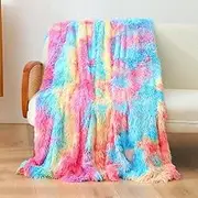 Plush Throw Blankets for Couch, 51 * 63 in Tie-Dye Flannel Blanket, Soft Cozy Faux Fur Throw Blanket, for Bedroom Living Room, Suitable for Fall, Winter, Spring (Rainbow)