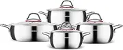 Karaca Emirgan 8-Piece Stainless Steel Pots Set - Induction Hob Cookware Kitchen Set w/ 4 Cooking Pots with 4 Glass Lids, PFOA Free, Dishwasher-Safe
