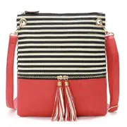 Stripe Crossbody Purse, Canvas + Faux Leather Crossover Shoulder Bag- Black with Red